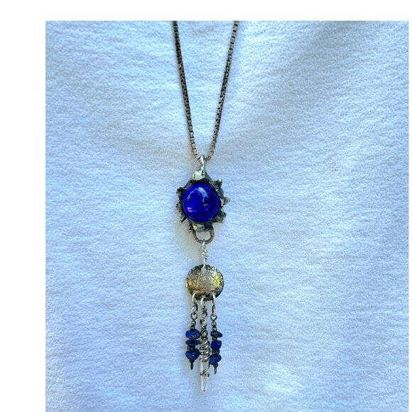 VNTG Marble Artisan Flail Pendant Sterling Silver Clear Quartz & Lapis Lazuli - Picture 8 of 12